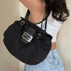 Vintage Fendi Black Zucchino Canvas Hobo Baguette Shoulder Bag Authentic